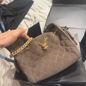 CHANEL Taupe Quilted Suede Chain Shoulder Bag with Gold CC Charm